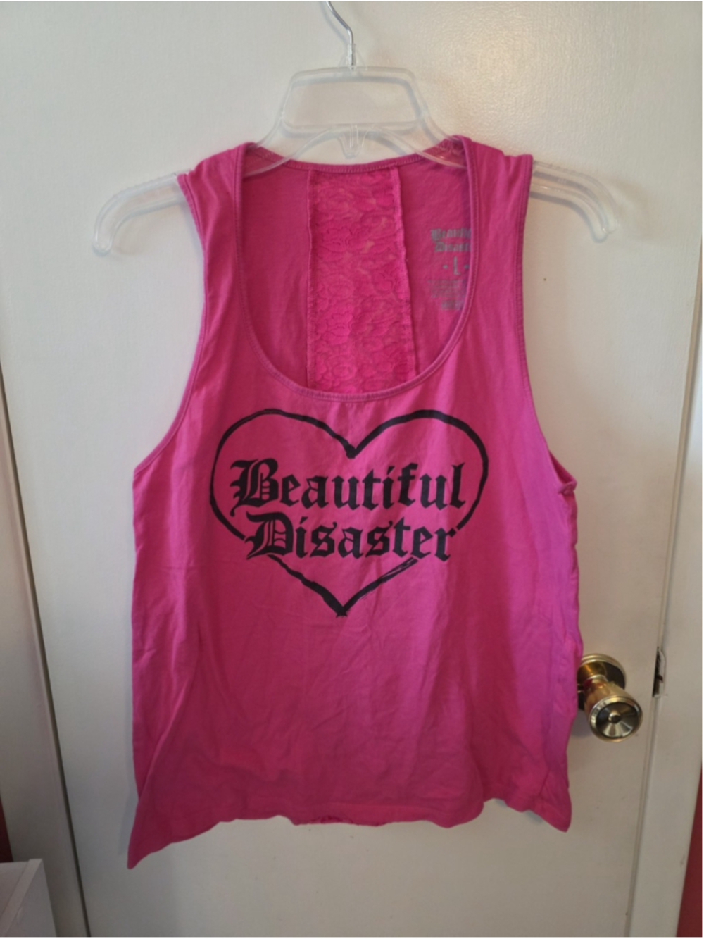 Beautiful Disaster Tank Top Women Large Pink Sheer Back Lace Y2k Grunge Biker